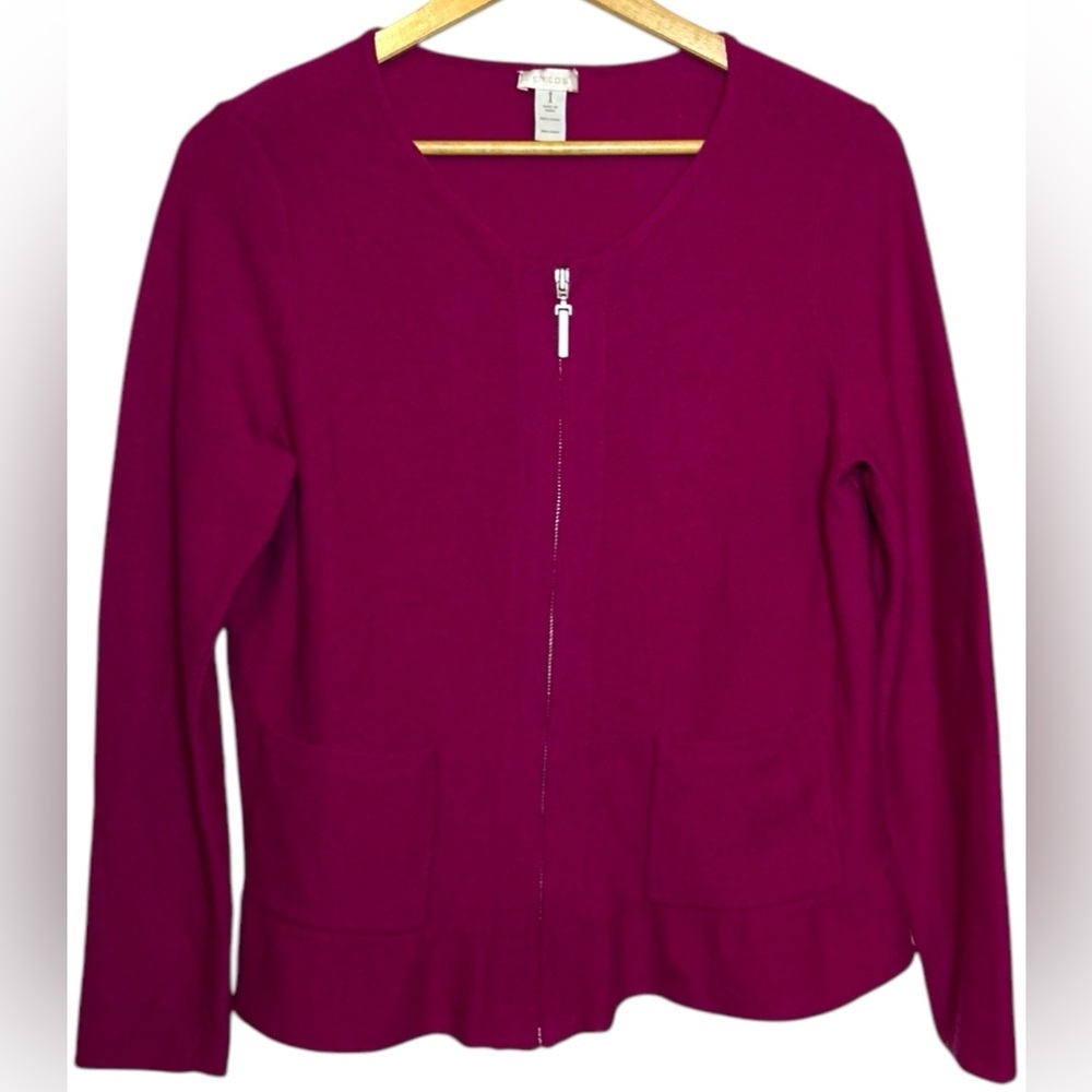 Chico’s Women’s Wool Ruffle Hem Renee Cardigan‎ Zip Sweater Pockets Magenta Pink